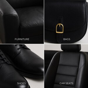 May include: A four-panel collage showing black leather items: a piece of furniture, a handbag with a gold buckle, a pair of lace-up shoes, and a car seat. Each section includes the text labels FURNITURE, BAGS, SHOES, and CAR SEATS respectively.