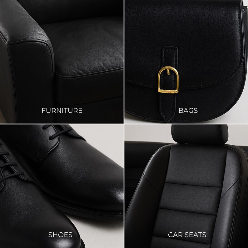 May include: A four-panel collage showing black leather items: a piece of furniture, a handbag with a gold buckle, a pair of lace-up shoes, and a car seat. Each section includes the text labels FURNITURE, BAGS, SHOES, and CAR SEATS respectively.