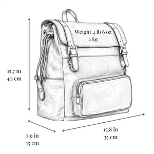 K&ouml;nnte beinhalten: Eine Strichzeichnung eines Rucksacks mit oberer Klappe, zwei Schnallenriemen und einer vorderen Rei&szlig;verschlusstasche. Die Ma&szlig;e betragen 40 cm H&ouml;he, 35 cm Breite und 15 cm Tiefe. Der Rucksack hat ein Gewicht von 2 kg.