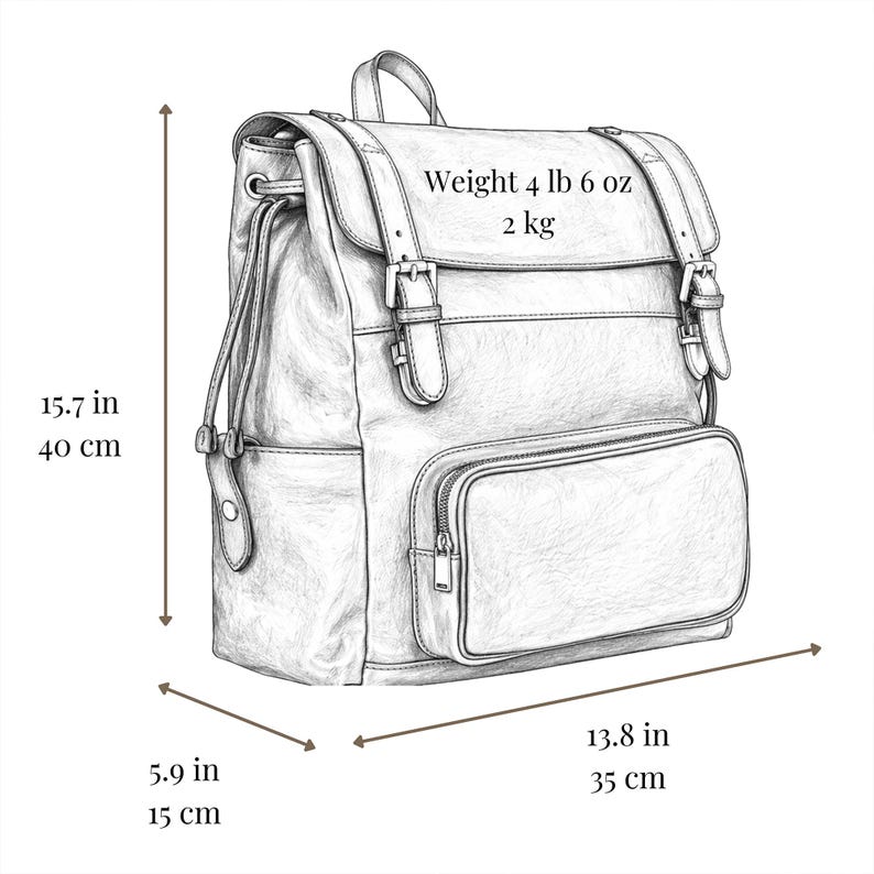 K&ouml;nnte beinhalten: Eine Strichzeichnung eines Rucksacks mit oberer Klappe, zwei Schnallenriemen und einer vorderen Rei&szlig;verschlusstasche. Die Ma&szlig;e betragen 40 cm H&ouml;he, 35 cm Breite und 15 cm Tiefe. Der Rucksack hat ein Gewicht von 2 kg.