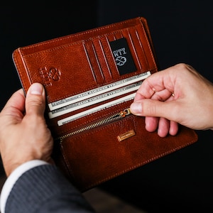 Cartera de cuero larga, billetera para hombre, tarjetero, billetera plegable, regalo de cumpleaños para el esposo, monedero de cuero para hombre, marrón claro