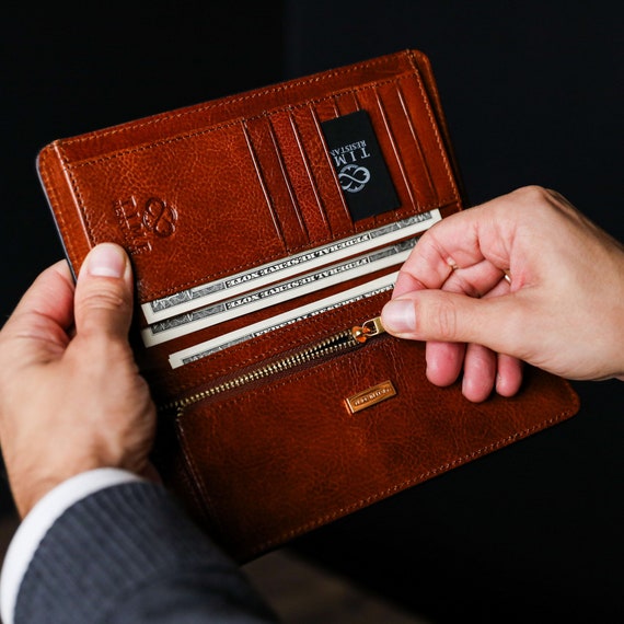 Long Leather Wallet Coat Wallet for Men Cardholder Bitfold Wallet Birthday Gift for Husband Mens Leather Purse Light Brown