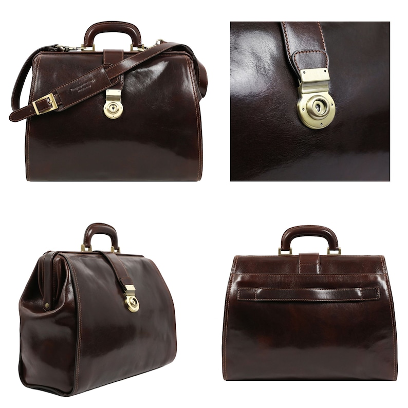 May include: A brown leather doctor's bag with a brass lock and buckle. The bag has a shoulder strap and is made of high-quality leather.