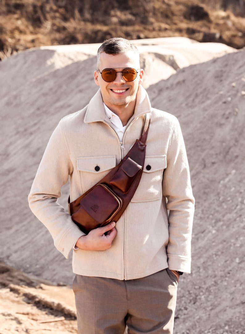 brown leather sling bag chest bag for men