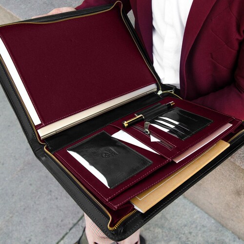 Genuine Leather Portfolio Zipper Business Organizer Padfolio Etsy