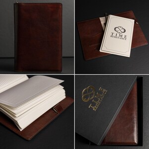 May include: A dark brown leather notebook cover with a zipper closure. The interior features a cream-colored notebook with the text TIME RESISTANCE and an infinity symbol logo. The set includes a black presentation box with gold embossed branding.