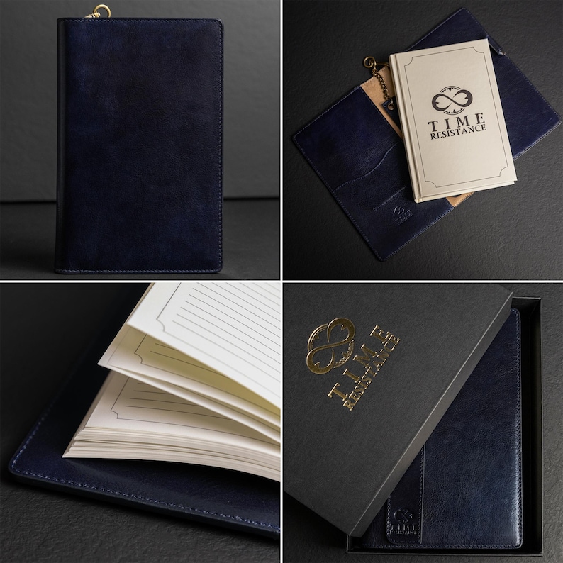 May include: A dark blue leather notebook cover with a zipper closure. The interior features a cream-colored notebook with lined pages and the text "TIME RESISTANCE" with an infinity symbol logo. The set includes a black presentation box.