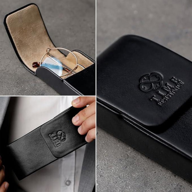 May include: A black leather glasses case featuring a fold-over flap with a debossed logo that reads TIME RESISTANCE. The interior is lined with a light tan material and contains a pair of round-framed glasses with thin metallic rims.