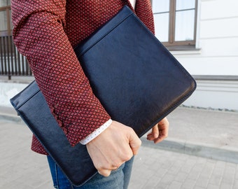 Porte-documents en cuir personnalisé pour homme, Couverture bleue avec fermeture à glissière, Cadeau d'entreprise personnalisé, Support A4, Porte-documents en cuir véritable