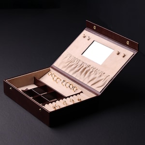 Full-Grain Leather Jewelry Box, Goat Leather Lined, Vegetable Tanned, Large Mirror, Ring Holder