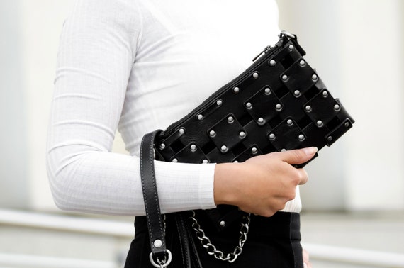 Leather Clutch Black, Women's Purse, Personalized Bag, Handbag, Wrist Bag, Shoulder Bag, Gift for Her - Gone Girl