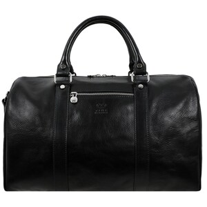 May include: A black leather duffel bag with silver hardware and a zipper closure. The bag has a top handle and a shoulder strap. The bag has a small logo on the front that reads 'ARBEIT'.