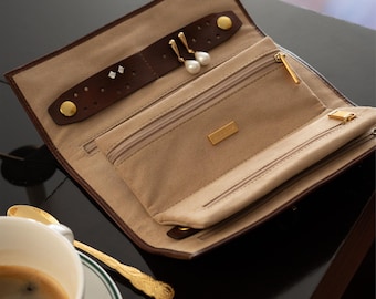 Leather Jewelry Case, Wash Bag for Her, Travel Roll for Jewellery, Foldable Make-up Organizer, Birthday Gift for Her