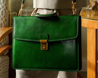 Green Leather Briefcase, Unisex Leather Handle Bag, Messenger Bag, Shoulder Bag, 15 inch Laptop Case, Laptop Bag, Birthday Gift for Him