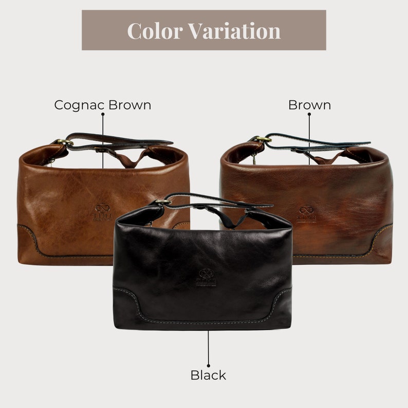 May include: Three leather bags in different colors: cognac brown, brown, and black. Each bag has a top handle and a flap closure. The bags are arranged in a row, with the cognac brown bag on the left, the brown bag in the middle, and the black bag on the right.