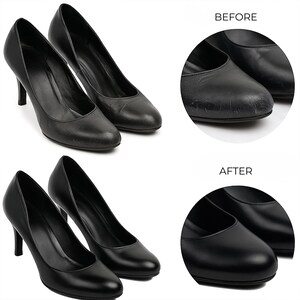 May include: A pair of black leather pumps shown in a before and after comparison. The top section labeled BEFORE shows scuffed toes, while the bottom section labeled AFTER shows the same pumps with a smooth, restored, and polished black finish.