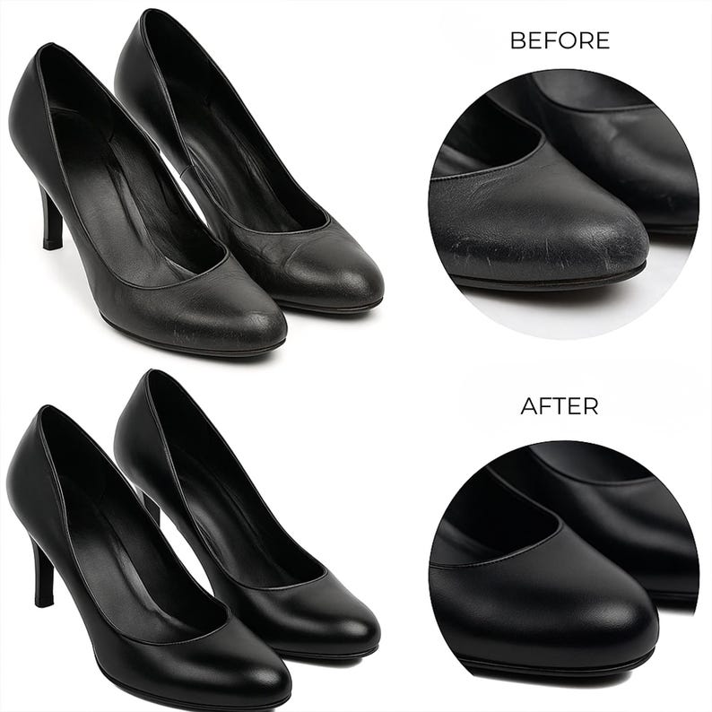 May include: A pair of black leather pumps shown in a before and after comparison. The top section labeled BEFORE shows scuffed toes, while the bottom section labeled AFTER shows the same pumps with a smooth, restored, and polished black finish.