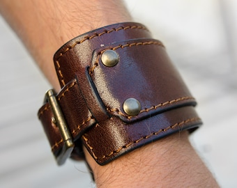 Leather Bracelet Men, Adjustable Leather Bracer, Full Grain Leather Cuff Mens, Double Strap Bracelet, Birthday Gift for Boyfriend