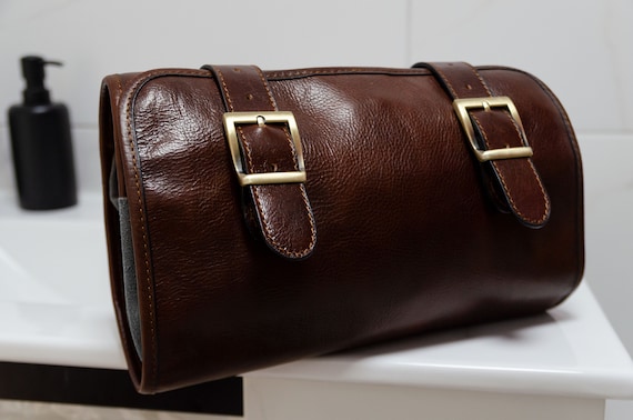 Hanging Leather Toiletry Bag Brown Dopp Kit Luxury Wash Bag for
