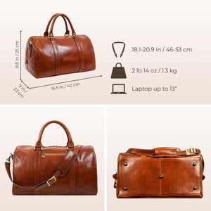 May include: A brown leather duffel bag with a top handle and a shoulder strap. The bag has a zipper closure and a front pocket. The bag is shown in three different views: front, side, and interior. The bag is 16.5 inches wide, 9.8 inches tall, and 9 inches deep. The bag weighs 2 pounds 14 ounces and can fit a laptop up to 13 inches. The bag is made of genuine leather and has a durable construction.