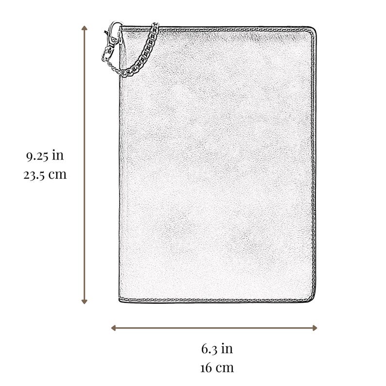 May include: A rectangular, textured wallet with a metal chain attached to the top corner. The wallet measures 9.25 inches in height and 6.3 inches in width, as indicated by the visible measurement lines and text labels on the image.