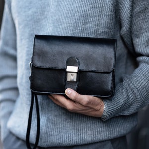 Cartera de cuero negro para hombre, organizador para hombre, bolso de muñeca de cuero genuino, monedero personalizado, regalo de cumpleaños para él, regalo de cumpleaños para hombre