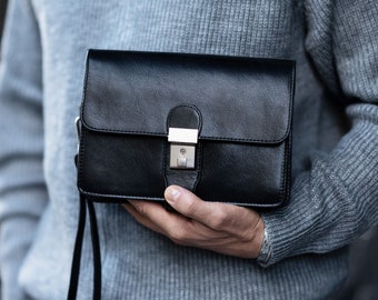 Black Leather Clutch for Men, Mens Organizer, Genuine Leather Wrist Bag, Leather Purse, Birthday Gift for Him,  Birthday Gift for Men