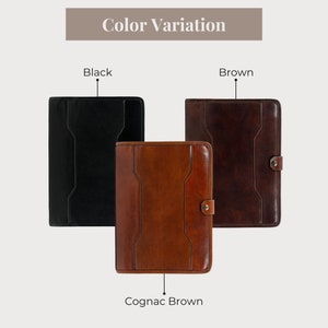 May include: Three leather-bound notebooks in black, brown, and cognac brown. Each notebook has a unique design with a flap closure and a button.