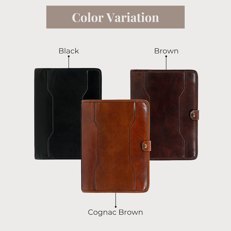May include: Three leather-bound notebooks in black, brown, and cognac brown. Each notebook has a unique design with a flap closure and a button.