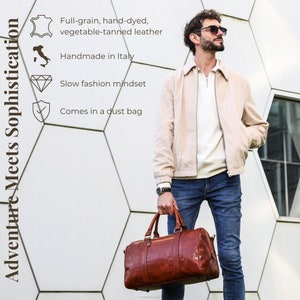 May include: A brown leather duffel bag with a zippered pocket on the front. The bag is made of full-grain, hand-dyed, vegetable-tanned leather and comes in a dust bag. The bag is handmade in Italy and is part of a slow fashion mindset.  Adventure Meets Sophistication.