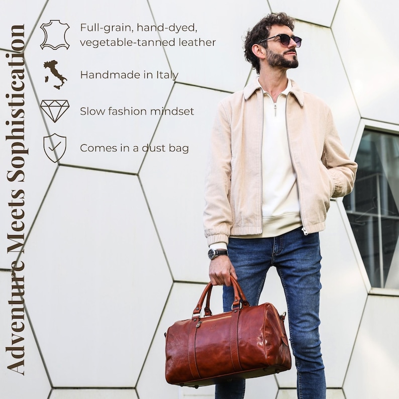 May include: A brown leather duffel bag with a zippered pocket on the front. The bag is made of full-grain, hand-dyed, vegetable-tanned leather and comes in a dust bag. The bag is handmade in Italy and is part of a slow fashion mindset.  Adventure Meets Sophistication.