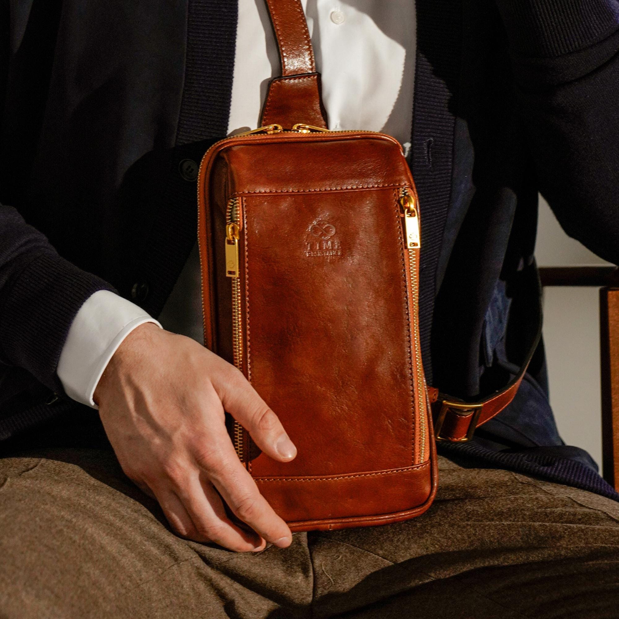 Leather Sling Bag for Men, Brown Chest Bag, Genuine Leather 