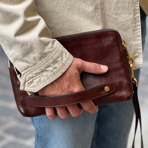 Cartera de piel marrón para hombre, monedero de piel auténtica, bolso de muñeca con cremallera, cartera de piel, regalo de cumpleaños para él.