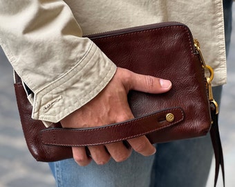 Brown Leather Clutch for Men, Genuine Leather Purse, Wrist Bag for Men, Wristlet with Zipper, Leather Wallet, Birthday Gift for Boyfriend