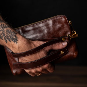 Pochette en cuir marron pour homme, sac à main en cuir véritable, sac de poignet pour homme, bracelet avec fermeture éclair, portefeuille en cuir, cadeau d'anniversaire pour petit ami image 4