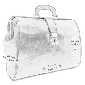 May include: A brown leather doctor's bag with a metal clasp and handle. The bag measures 15.8 inches wide, 11.8 inches tall, and 7.1 inches deep.