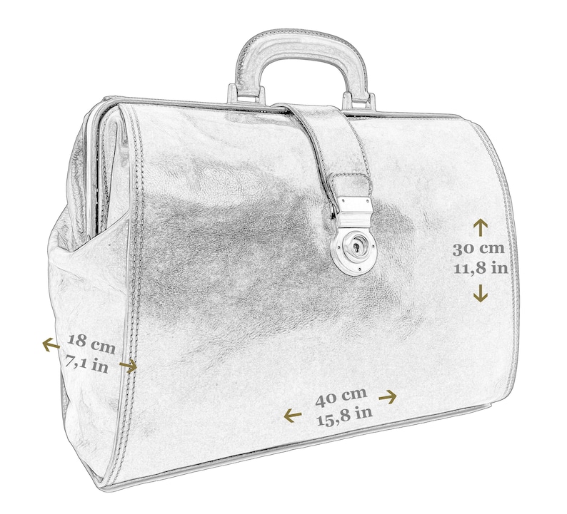 May include: A brown leather doctor's bag with a metal clasp and handle. The bag measures 15.8 inches wide, 11.8 inches tall, and 7.1 inches deep.