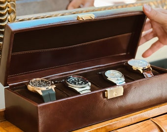 Leather Watch Case, Mens Watch Holder, Wristwatch Storage Box, Personalized Watch Box with 4 Slots, Watch Organizer, Birthday Gift for Men