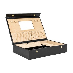 Boîte à bijoux en cuir, boîte à bijoux marron, étui à bijoux personnalisé, cadeau d'anniversaire pour elle, cadeau de fête des mères Black