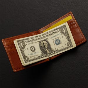 May include: A brown leather bifold wallet featuring a central metal money clip holding a stack of one-dollar bills. The interior includes multiple card slots and a yellow card insert, showcasing a classic design with visible stitching details.