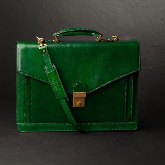 Green Leather Briefcase for Men, Leather Bag, 15 inch Laptop Bag, Shoulder bag, Anniversary Gift for Him, Graduation Gift