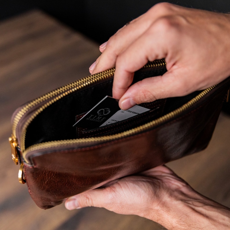 Brown Leather Clutch for Men, Genuine Leather Purse, Wrist Bag for Men, Wristlet with Zipper, Leather Wallet, Birthday Gift for Boyfriend image 8