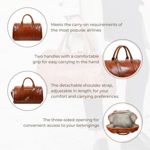 May include: A brown leather duffel bag with a three-sided opening for easy access to belongings. The bag has two handles and a detachable shoulder strap. The bag meets carry-on requirements for most airlines.