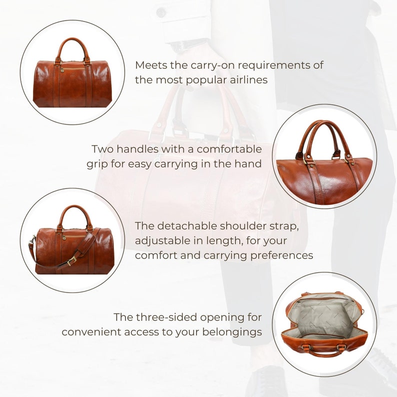 May include: A brown leather duffel bag with a three-sided opening for easy access to belongings. The bag has two handles and a detachable shoulder strap. The bag meets carry-on requirements for most airlines.
