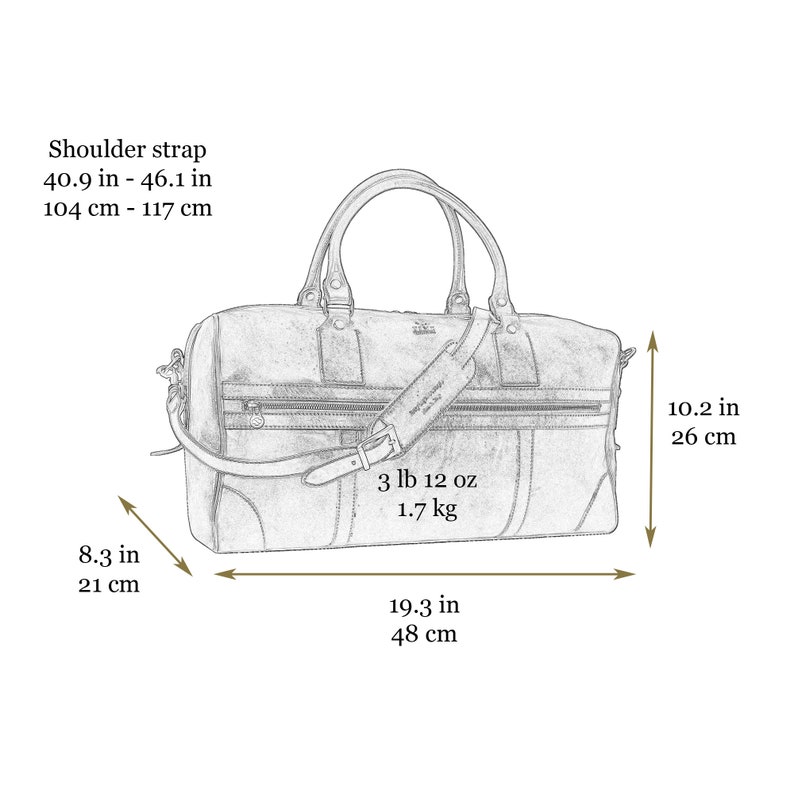 K&ouml;nnte beinhalten: Eine braune Ledertasche mit Schultergurt und Tragegriff. Die Tasche ist 49 cm breit, 26 cm hoch und 21 cm tief. Sie wiegt 1,7 kg.
