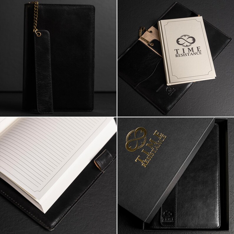 May include: A black leather notebook cover with a gold-toned metal chain and a matching leather bookmark. The set includes a lined notebook with the text TIME RESISTANCE on the cover, presented in a black box with gold logo branding.