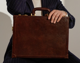 Lawyer Briefcase, Hard Side Attache Case, 15 inch Laptop Bag, Brown Leather Laptop Case, Anniversary Gift for Boyfriend, Italian Leather Bag