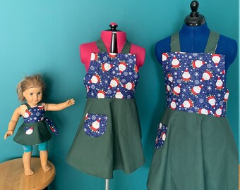 Girl/'s Reversible Apron with Doll Apron Set