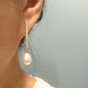 14K Gold Filled Sterling Silver Bar With Natural Teardrop Pearl Dangle Earring, Simple Pretty Chic