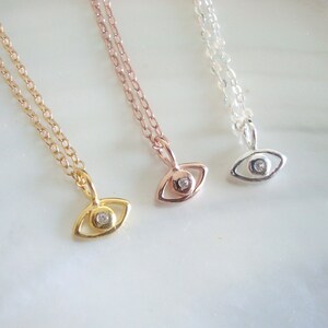 Sterling Silver Evil Eye Necklace, CZ Charm, Gold or Rose Gold